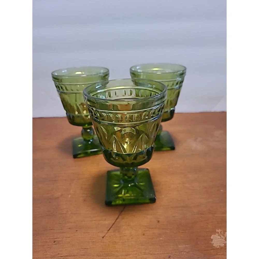 Vintage Indiana Green Colony Park Lane Glass Square Bottom Goblet Set Of 3